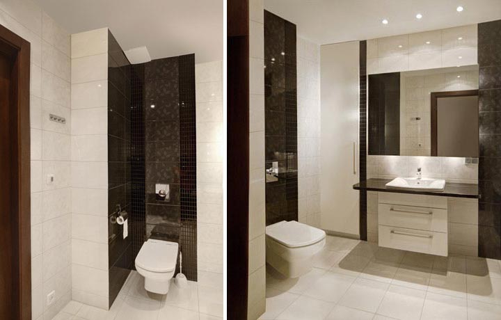 Łazienka czarno-biała, widok fragmentu z toaletą oraz widok umywalki i wbudowanej w ścianę szafki