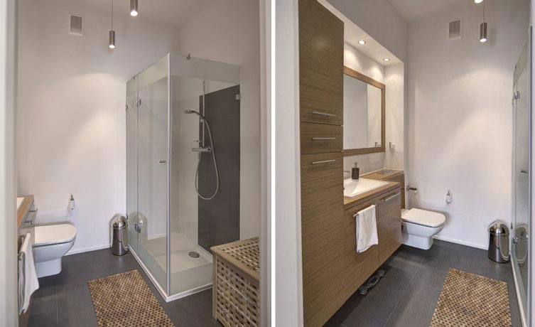 Większa łazienka na piętrze przeznaczona wyłącznie dla domowników oraz widok zespolonej zabudowy umywalki, szafki i stelaża WC