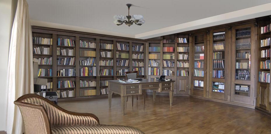 Bardzo duża stylowa biblioteka pełniąca również funkcję gabinetu - wizualizacja na podstawie fotografii rzeczywistego wnętrza - widok od strony okien