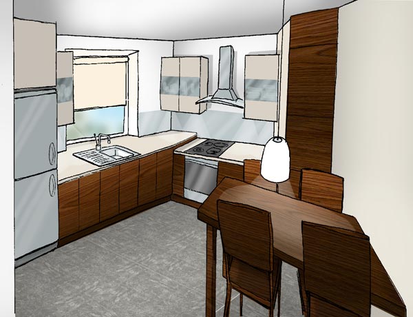 Projekt kuchni w dwupoziomowym mieszkaniu - wizualizacja w kolorze