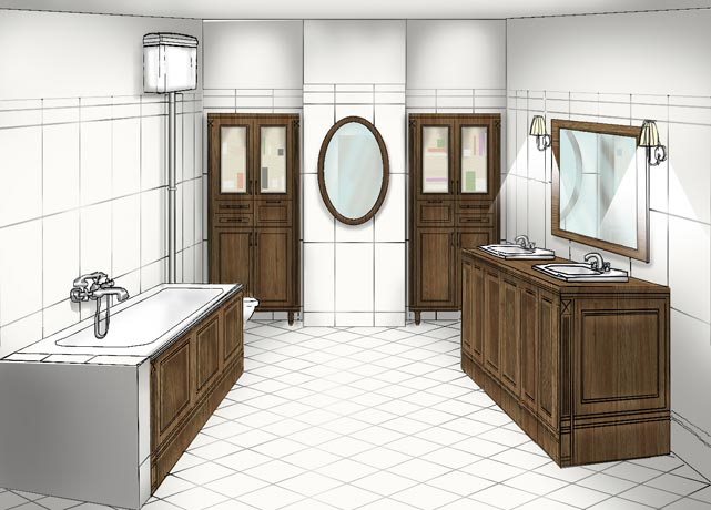 Wizualizacja projektu stylowej łazienki inspirowanej stylem wiktoriańskim