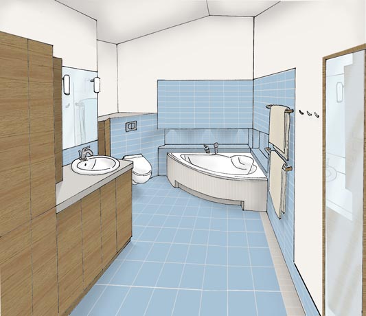 Projekt łazienki w mieszkaniu na ostatnim piętrze - wizualizacja w kolorze