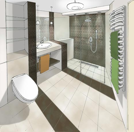 Łazienka z kabiną prysznicową bez brodzika - wizualizacja
