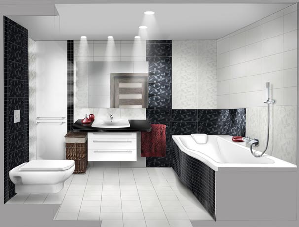 Nowoczesna i efektownie oświetlona łazienka w kontrastowej kolorystyce