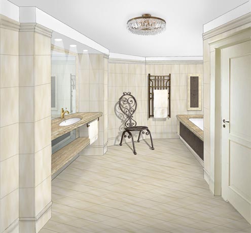 Elegancki pokój kąpielowy z marmurową posadzką i zdobieniami