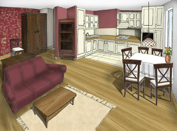 Salon połączony z kuchnią - inspirowane stylem angielskim - wizualizacja