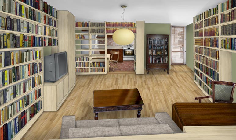 Pokój dzienny w niewielkim mieszkaniu pełniący równocześnie funkcję biblioteki