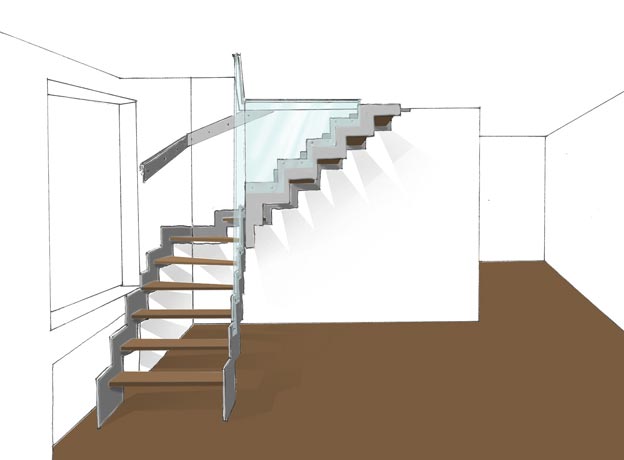 Projekt schodów wewnętrznych w mieszkaniu dwupoziomowym - wizualizacja