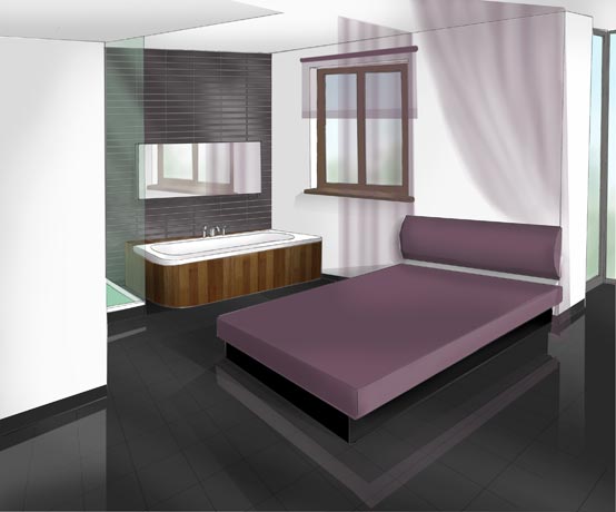 Projekt sypialni z zabudowaną wanną - wizualizacja