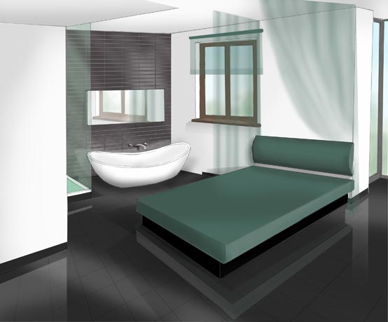 Projekt sypialni z wanną wolno stojącą - wizualizacja